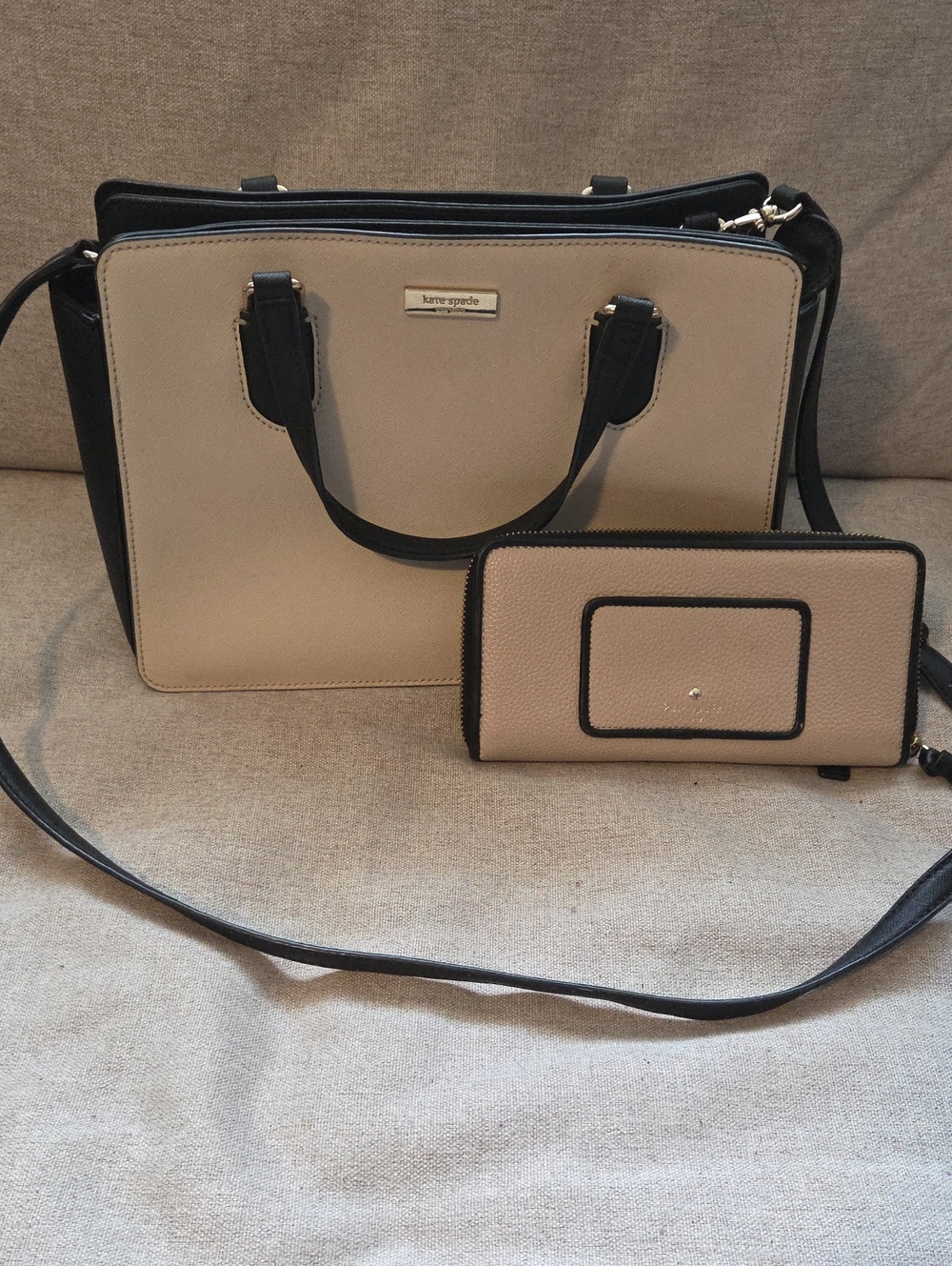 kate spade Beige and Black Satchel with Matching Wallet Set